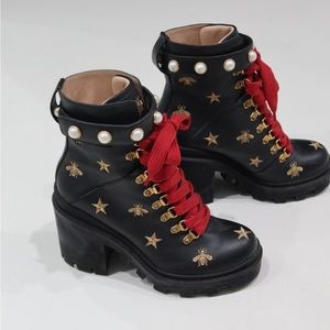 Gucci Women's Heeled Combat Ankle Boots Leather